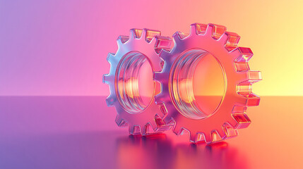 Two transparent 3D gears with a cute glass morphism effect float on a smooth gradient background symbolizing innovation seamless updates collaboration and futuristic technology concepts

