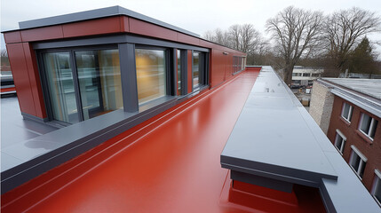 Moderne Dachterrasse eines roten Bürogebäudes mit schwarzer Balustrade und bodentiefen Fenstern aus der Vogelperspektive