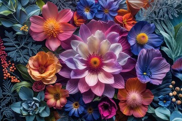 Obraz premium Vibrant Floral Composition of Colorful Petals and Lush Foliage Featuring Intricate Textures and Harmonious Natural Tones