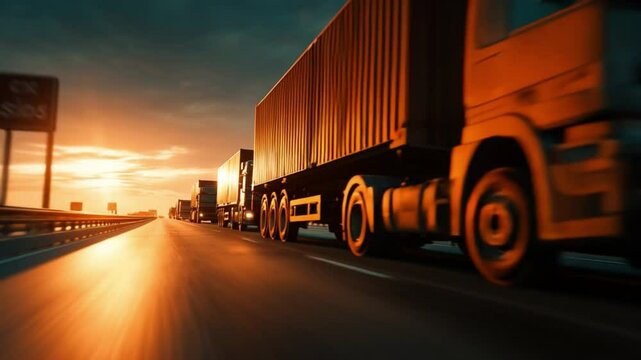 Highway Haulage: A convoy of commercial trucks traverses a vast highway under the vibrant hues of a sunset, emphasizing the speed and dynamism of modern transport.