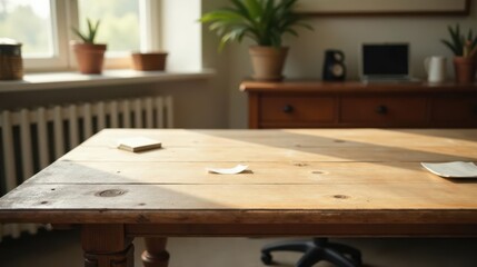 Rustic wooden table bathed in sunlight, featuring small objects, near a blurred background of indoor plants and furniture.