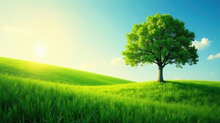 Fototapeta premium Serene Landscape A Single Tree Stands Tall on a Gently Rolling Hill Amidst a Vibrant Green Meadow Under a Sunny Sky