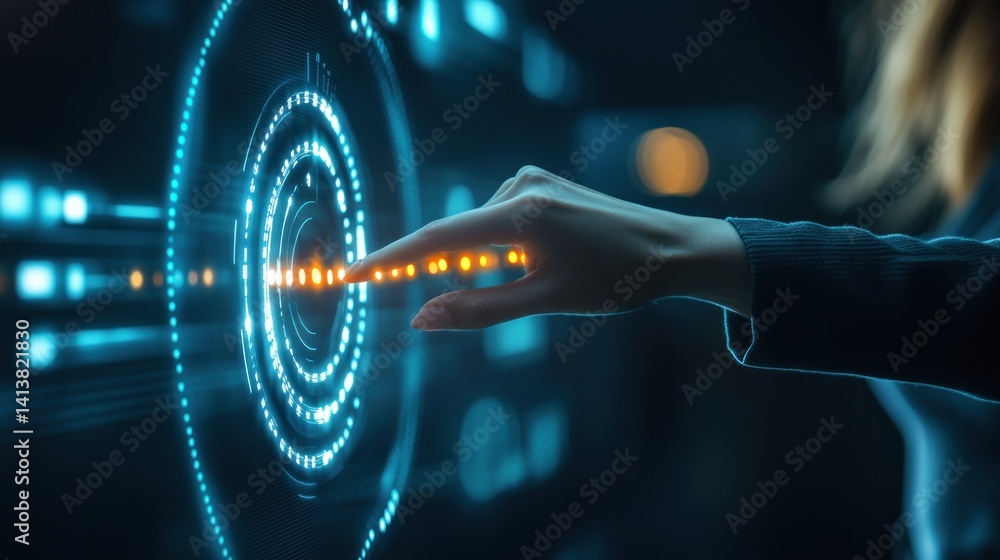 Poster a futuristic interface displays an interactive touch screen with advanced data visualization control