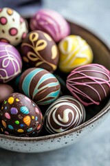 A selection of chocolate truffles shaped like Easter eggs sits in a bowl. Each truffle is decorated with colorful swirls and designs. The mood is sweet and comforting