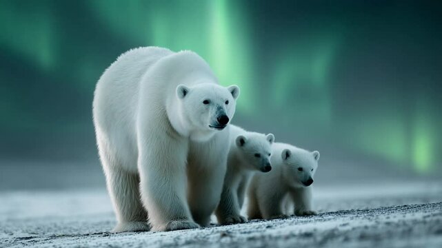 Polar Bear Family Under Aurora: A majestic polar bear and her two cubs walk across the snowy landscape under the mesmerizing aurora borealis, creating a breathtaking spectacle of nature's beauty. 