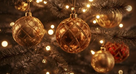 Golden Christmas ornaments on tree.