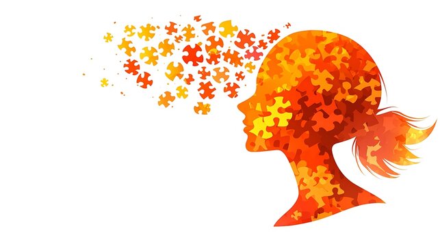 Woman's profile, jigsaw puzzle pieces, abstract art