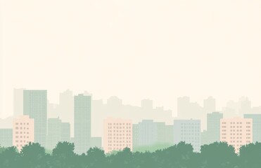 Fototapeta premium an urban cityscape with green buildings and trees, clear skies, and soft green tones.