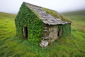 Obraz premium A decayed wooden cabin covered in ivy, its roof caving in as the forest slowly reclaims it