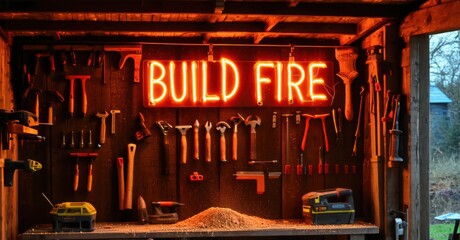 Neon message build fire in gold and red glowing in carpenter s shed with wooden beams hanging tools sawdust in air and warm overhead light