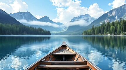 Obraz premium Wooden Boat on Tranquil Lake with Mountain and Forest Landscape