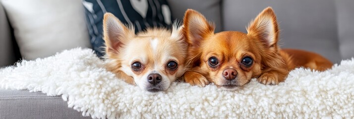 Two Chihuahuas Resting on a Fluffy Blanket - Two adorable chihuahuas, one light and one darker, cuddle together on a soft white blanket. Comfort, companionship, pets, dogs