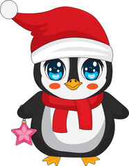 Penguin Wearing Red Hat And Scarf Christmas Vector