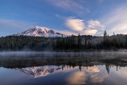 Mount Rainier in Reflection Lake in Mount Rainier National Park, Washington State, USA
