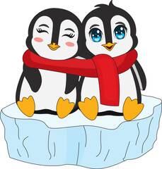 Couple Penguin With Red Scarf Sitting on Ice Cube Christmas Vector