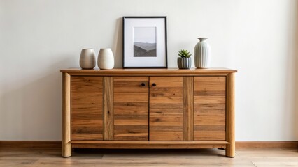 Elegant wooden sideboard with decorative vases and artwork above it., Sustainable Furniture concept