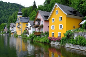Obraz premium A fairytale village in Hallstatt, Austria, with colorful houses reflecting in the peaceful lake