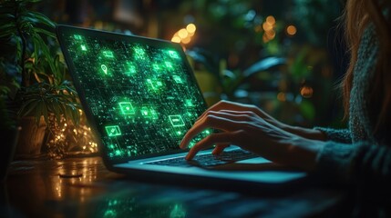 Woman working late on her laptop, illuminated by glowing green digital interface, surrounded by plants in a cozy atmosphere.