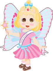 Cartoon Birthday Girl With Princess Dress, Magic Wand And Wings