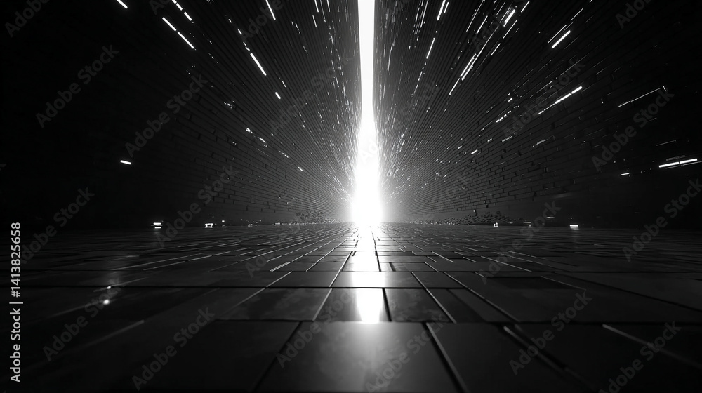 Poster futuristic white glow tech tunnel with digital code patterns on walls and floor symbolizes digital t