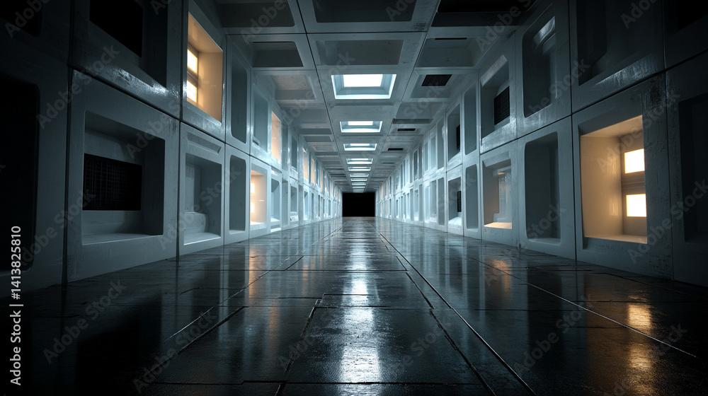 Poster futuristic white glow tech tunnel with digital code patterns on walls and floor symbolizes digital t