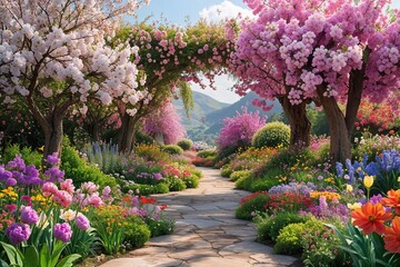 Fototapeta premium Enchanting Flower Wonderland with Vibrant Blooms and Lively Spring Atmosphere