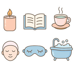 Self-Care Essentials Icon Set – Flat Vector of Candle, Book, Face Mask, Bubble Bath, Tea Cup, and Sleep Mask