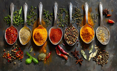 Assorted Spices and Herbs in Silver Spoons on Dark Background
