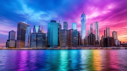 Fototapeta premium Vibrant City Skyline with Stunning Sunset and Colorful Reflections