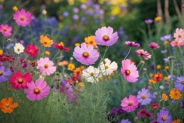 Obraz premium Vibrant Garden of Dancing Cosmos Flowers in a Magical Setting