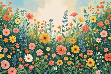 Obraz premium Vibrant Floral Background Illustration Bright Cheerful Summer Meadow Design