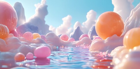 Surreal Landscape with Colorful Spheres Floating on Water Under Cloudy Sky