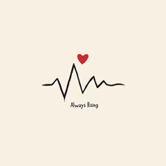 Heartbeat Pulse Line Vector: Always Rising Heart Illustration for International Nurses Day. Simple Continuous Line Upward Trend with Red Heart Peak. Medical, Healthcare, Hope, Recovery Design.