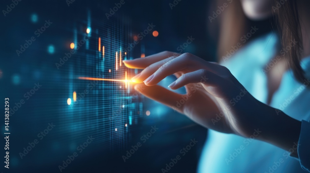 Poster woman's hand interacting with digital interface featuring glowing lines and data visualization repre