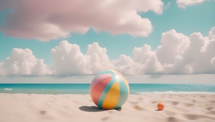 A beach ball on the beach, surrounded by sand and a clear blue sky with clouds, perfect for a lazy summer day