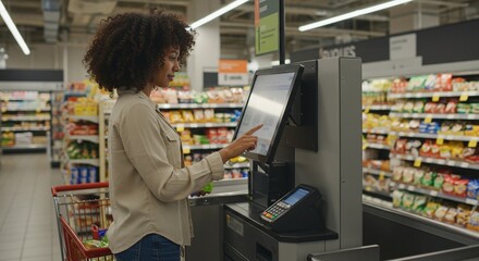 Customer Using a Self-Service Checkout Terminal in a Grocery Store