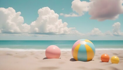 Obraz premium Beach balls on the beach under a blue sky with fluffy clouds, symbolizing summer relaxation and vacation vibes