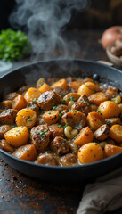 Warm golden stew simmers invitingly in rustic pan Rich autumnal tones create cozy ambiance. AI Generated