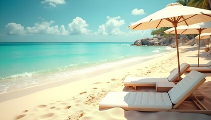 Obraz premium Beach chairs and umbrellas on a sandy beach, surrounded by palm trees, perfect for summer relaxation and vacation vibes