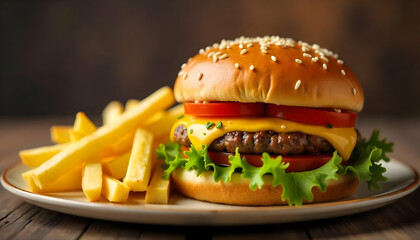  Classic Burger with Cheddar Cheese and Fries.



