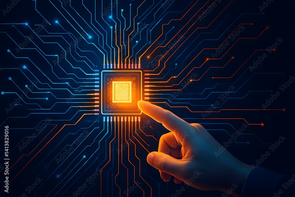 Poster businessman holding a glowing ai microchip with futuristic digital circuit connections, representing