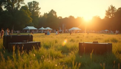 Two suitcases resting in a field during sunset, evoking a sense of adventure and summer festival vibes