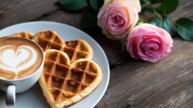 Heart-shaped waffles and latte art on a wooden table with pink roses in the background - Powered by Adobe