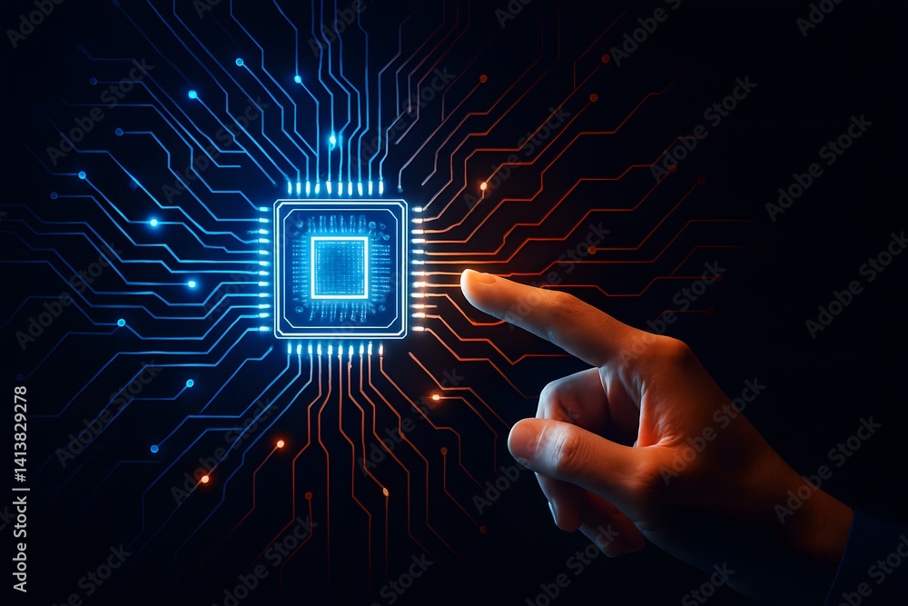 Poster businessman holding a glowing ai microchip with futuristic digital circuit connections, representing