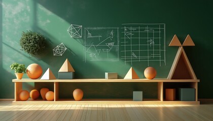 Geometric Math Art with Chalkboard and Wooden Shapes Still Life