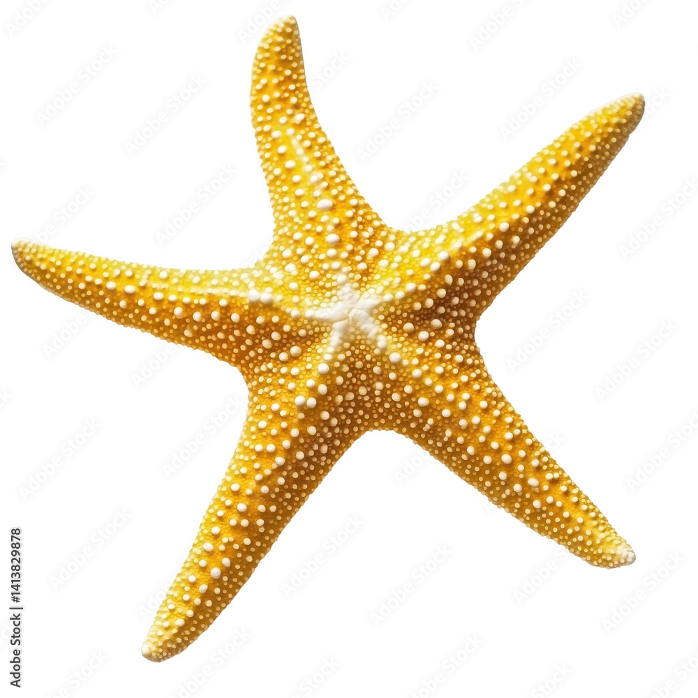 Poster bright yellow starfish isolated on a transparent background showcasing its unique texture and form, 