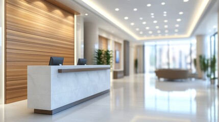 Fototapeta premium modern architectural design showcasing a sleek reception area with a minimalist aesthetic complemented by natural wood textures and a bright open space conveying a sense of sophistication