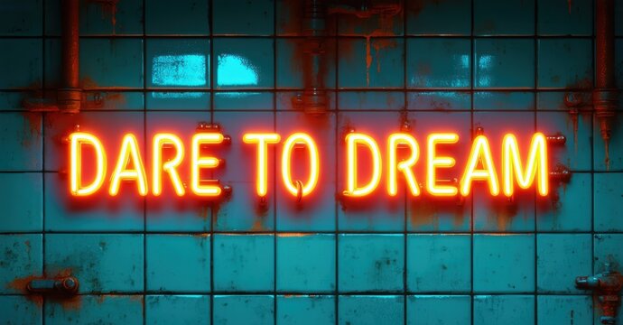 Naklejki Thick font neon phrase dare to dream in orange and cyan glowing above textured tiles with grime flickering shadows and glowing metal bolts