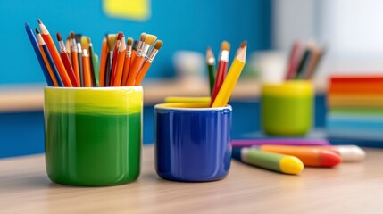 Obraz premium Colorful Stationery and Paint Brushes in Vibrant Office Workspace