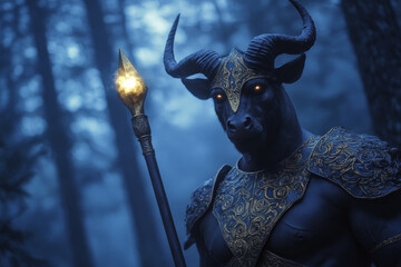 Fototapeta premium Majestic Minotaur Warrior in Dark Enchanted Forest at Night